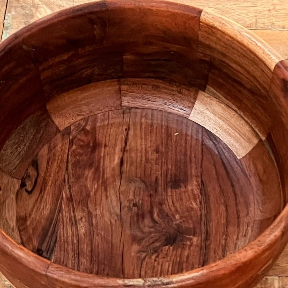 Large Acacia Wood Bowl Decor Serving Bowl 12.5" Tonal Hardwood Strips - Picture 4 of 12